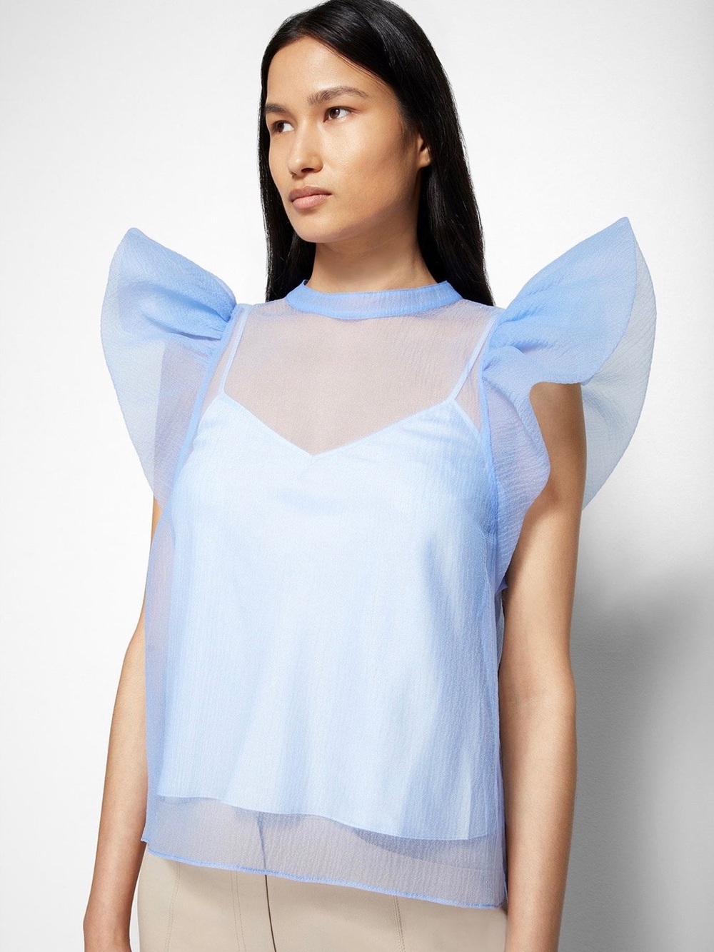 Jonathan Simkhai Pale Blue Sheer Flutter-Sleeve Top
